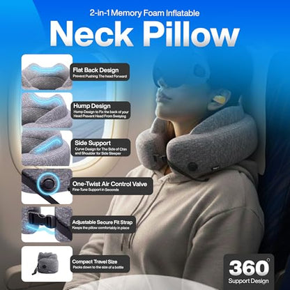 4-in-1 Travel Comfort Set Inflatable Neck Pillow, Convertible Lumbar Support & Foot Hammock, 3D Sleep Mask & Ear Plugs Complete Comfort Kit for Airplane, Office & Car Gift-Ready (Gray)