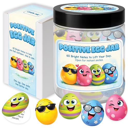 Positive Egg Jar Set - 60 Positive Notes for Kids & Tweens, Funny Egg Gifts | Egg Themed Gifts for Egg Lovers, Cute Egg Decorations, Encouraging Notes Gift, Easter Basket Stuffers, Birthday Gift for Kids - color: KAT- KIEN -Positive Egg Jar