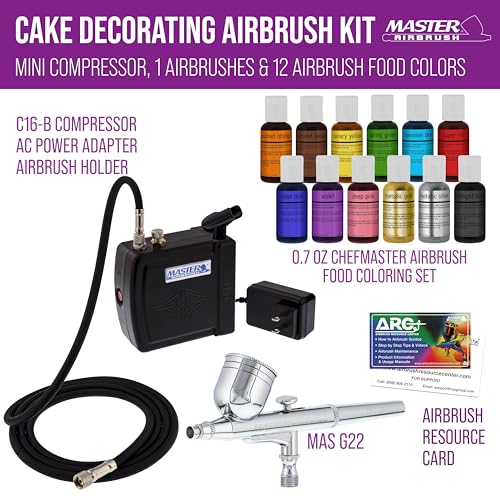 Master Airbrush Cake Decorating Airbrush Kit with Compressor, 12 Color Chefmaster Food Coloring Set, Gravity Feed Dual-Action Air Brush & How-To Manual - Cake Airbrush Kit for Cupcakes, Cookies
