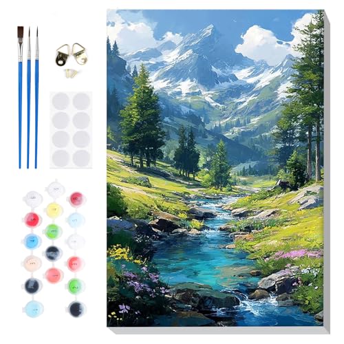 Bowetile Framed Paint by Numbers Landscape Kit for Adults, Adults' Paint-by-Number Kits on Canvas, Forest Painting by Numbers Lake, Acrylic Number Painting Gifts for Home Wall Decor, 8x12in - color: Landscape, Lake, Forest
