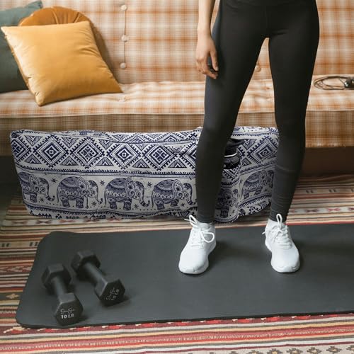 Large Yoga Mat Bag Yoga Bags and Carriers Fits All You Stuff Yoga Tote Bag with Yoga Mat Strap, Elastic Pockets and Zipper Pockets - color: beige blue