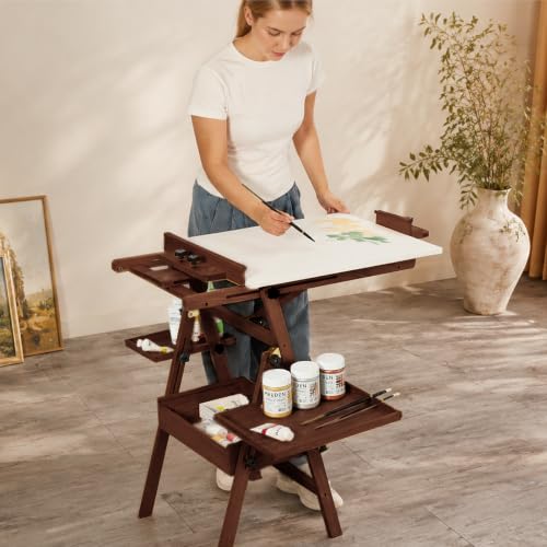 MEEDEN Painting Easel with Storage and Tray: H-Frame Beech Wood Art Easel | Easel Stand for Adults, Artists, Students, Beginners - Adjustable 50"-80" H, Holds Canvas Up to 47 Inches - color: Deep Walnut