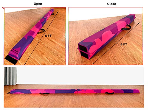 Marfula 6 FT / 8 FT / 9 FT Folding Gymnastics Beam Foam Balance Floor Beam - color: PinkPurple-Camo, size: 8 Ft