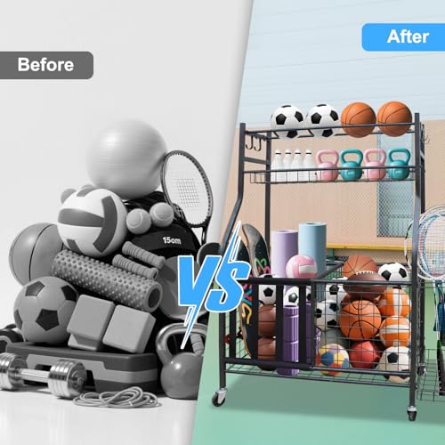 Sports Equipment Garage Organizer, Garage Ball Storage Rack with Basket, Hooks and Rolling Cart for Sports Gear and Toy Storage, Heavy Duty Ball Holder Indoor/Outdoor Use