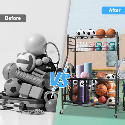 Sports Equipment Garage Organizer, Garage Ball Storage Rack with Basket, Hooks and Rolling Cart for Sports Gear and Toy Storage, Heavy Duty Ball Holder Indoor/Outdoor Use