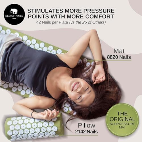 Bed of Nails Mat and Pillow Set – Original Bon Acupressure Design with 10962 Precision Nails, Mat: 28.5 x 16.5 x 1", Pillow: 14.5 x 6 x 4", Green - color: Green - Mat & Pillow Set