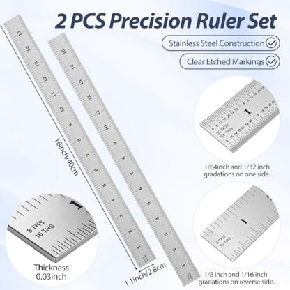 EBOOT 2 Pcs Stainless Steel Ruler Machinist Engineer Ruler with Markings 1/8, 1/16, 1/32, 1/64 Inch for Engineering, School, Office, Architect, and Drawing (16 Inch) - size: 16 Inch