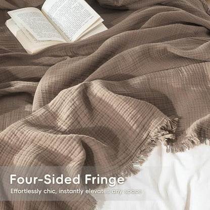 MooMee 100% Cotton Muslin Blanket, Fringed 4-Layer Gauze Bed Throw Blankets - color: Brown, size: Super King