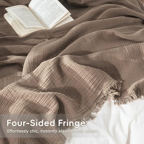 MooMee 100% Cotton Muslin Blanket, Fringed 4-Layer Gauze Bed Throw Blankets - color: Brown, size: Oversize Queen