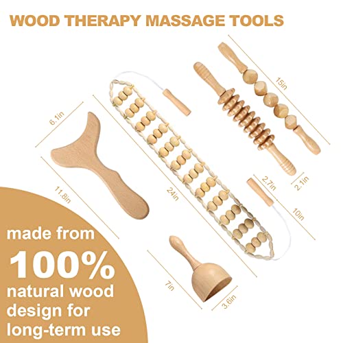 Wood Therapy Massage Tools Professional Maderoterapia Kit Body Sculpting Tools for Lymphatic Drainage and Anti-Cellulite.Wood Massager Roller Rpoe for Back and Muscle Pain Relief (5pcs)