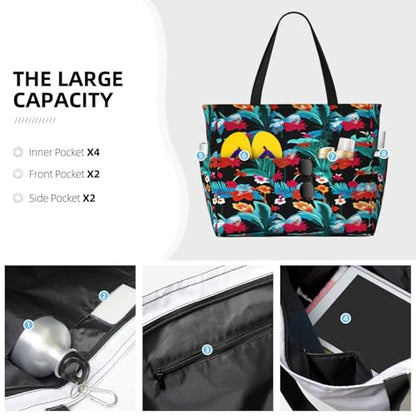 Large Beach Bag for Women Waterproof Foldable Travel Shoulder Tote Bag with Pocket for Weekender Pool Vacation - color: Tropical Black