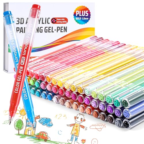 54 Colors Acrylic Gel Pens for Coloring, 3D Colored Paint Pens Markers with 1.0mm Bullet Tip for Adult Coloring Books, Colored Gel Journal Pen for Rock Painting, Fabric, Wood, Wood, Art Supplies - color: 54 Colors 3D