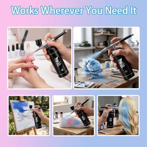 Cordless Airbrush Kit with Compressor,48 PSI High-Pressure, 6000mAh Rechargeable, 3-Speed Adjustable - 0.2/0.5 mm Nozzles & 3 Cups,Non-Clogging for Cake,Models, Makeup,Painting,Nails Art (Black)