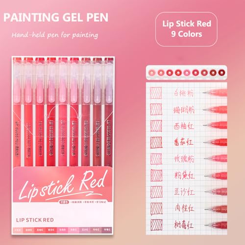 Gel Pens with 0.6mm Fine Point, 9 Colors Acrylic Drawing Gel Pen | Smooth Writing Pen Set for Journaling, Lip Stick Red, Drawing Pencils for Adult Coloring Books - color: Lip Stick Red