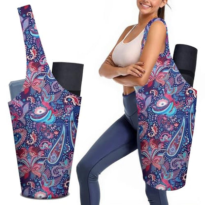 Yoga Mat Bag Carrier for Women with Side Large Pocket Durable Linen Workout Gym Travel Storage Pilates Mats - color: Boho Paisley