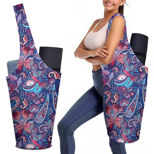 Yoga Mat Bag Carrier for Women with Side Large Pocket Durable Linen Workout Gym Travel Storage Pilates Mats - color: Boho Paisley