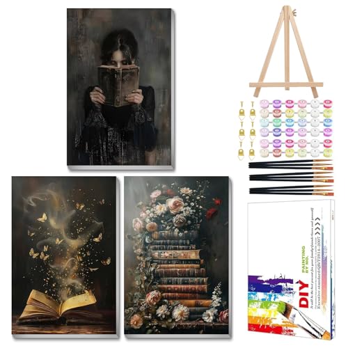 Mandun Book Paint by Numbers Kit for Adults, 3 Pack, 7.8x11.8 inch | DIY Painting Kits Crafts for Adults, Relieve Stress, Frame Canvas, Wooden Easel, Gift Box, Home Wall Decor - color: 3 Pack Book Flower