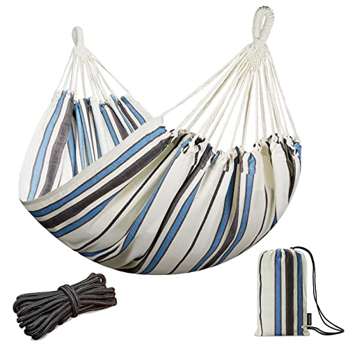 JoyView Brazilian Double Hammock with Hanging Ropes Extra Large 86.6x59” Portable Cotton Hammock for Patio Backyard Porch 450LBS Weight Capacity Perfect for Outdoor/Indoor - Blue & White Stripes - color: Blue & White Stripes