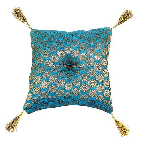 Cushion for Tibetan Singing Bowl Handmade Square Cushions Brocade Art Silk Home Decor Jewelry Display Pillow (4" x 4" Inch, Turquoise Blue) - color: Turquoise Blue, size: 4" x 4" Inch