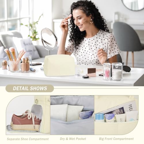 Sports Gym Bag for Women, Travel Duffle Bag with Shoe Compartment & Wet Pocket, Fitness Yoga Bag - color: S-Beige