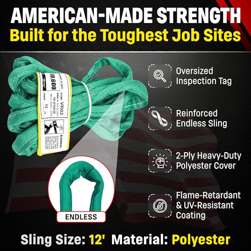 Chenango Supply VR2 12ft Green Endless Round Polyester Rigging Sling | USA Made, Double-Ply Cover, for Lifting & Material Handling, Capacity: 5,300 lb Vertical, 4,240 lb Choker, 10,600 lb Basket - size: 12 ft