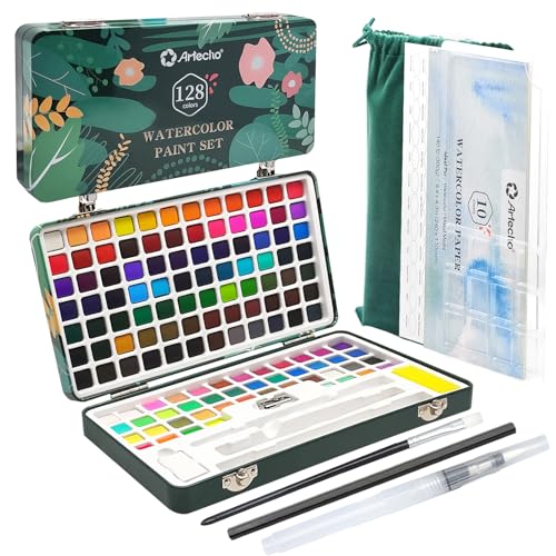 Artecho 128-Color Watercolor Paint Set with Metallics, Portable Tin Case | 128 Colors: 84 Classic, 36 Metallic, 4 Fluorescent & 4 Pastel; Water Brush, Nylon Brush, 10 Watercolor Sheets and Velvet Bag - style: 128 Colors