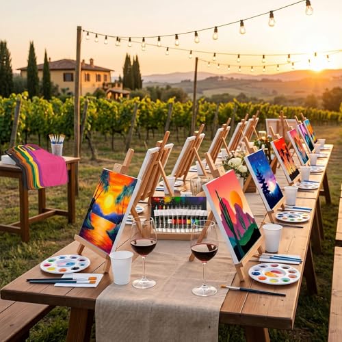 Cholemy 114 Pcs 16 Set Sip and Paint Kit for Adults 8'' x 10'' Pre Drawn Canvas Acrylic Painting Set Apron Brush Palette Date Night Party Supplies