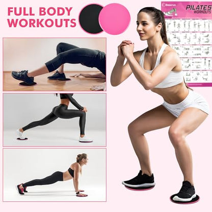 Goocrun Pilates Ring Set Exercise Equipment, with Exercise Resistance Bands Set, Pilates Ball, Sliding Disks. Portable Home Gym - with Fitness Guide Poster - color: Pink, size: Basic-level