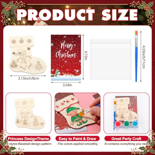 Saypacck 24 Pcs Christmas Stocking Party Favors Wooden Paint Craft Kits | Unicorn Mermaid Designs, Brushes Paints Organza Bags Included, Birthday Goodie Bag Fillers, Kids Girls Thank You Gifts - style: Christmas Stocking
