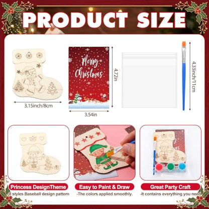 Saypacck 24 Pcs Christmas Stocking Party Favors Wooden Paint Craft Kits | Unicorn Mermaid Designs, Brushes Paints Organza Bags Included, Birthday Goodie Bag Fillers, Kids Girls Thank You Gifts - style: Christmas Stocking