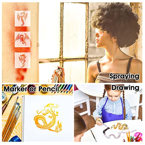8 Pcs Dragon Stencils Airbrush Stencils Tattoo Stencil Paint Stencils Reusable Plastic Dragon Stencil for Painting on Wood Furniture Wall DIY Crafts Drawing Decoration