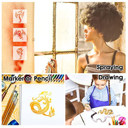 8 Pcs Dragon Stencils Airbrush Stencils Tattoo Stencil Paint Stencils Reusable Plastic Dragon Stencil for Painting on Wood Furniture Wall DIY Crafts Drawing Decoration