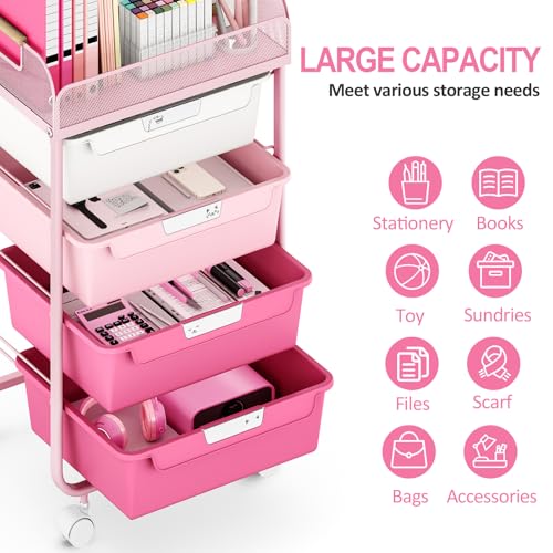 SYKIARIOL 4-Drawer Rolling Storage Cart with Mesh Top, Rose Pink | Utility Craft Organizer Cart on Wheels with DIY Labels, Rolling Drawer Cart for Home Office Classroom Bedroom - color: Gradient Pink