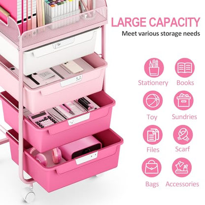 SYKIARIOL 4-Drawer Rolling Storage Cart with Mesh Top, Rose Pink | Utility Craft Organizer Cart on Wheels with DIY Labels, Rolling Drawer Cart for Home Office Classroom Bedroom - color: Gradient Pink