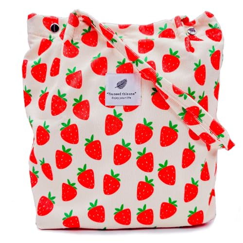 Aphoraeny Corduroy Tote Bag for Women Cute Totes Shoulder Bag with Inner Pocket for Work Beach Shopping Travel Grocery - color: Strawberry
