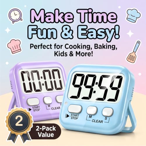Antonki 2 Pack Digital Timer for Kids Classroom Kitchen Timers for Cooking | w/ Battery, Easy to View, Alarm, Mute Mode, Count Down/Up, Magnetic, Kickstand, Hanging, Classroom Timer for Teacher Supplies - color: 2 * Sky Blue + Lavender Purple