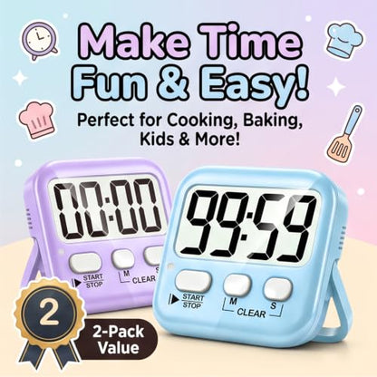 Antonki 2 Pack Digital Timer for Kids Classroom Kitchen Timers for Cooking | w/ Battery, Easy to View, Alarm, Mute Mode, Count Down/Up, Magnetic, Kickstand, Hanging, Classroom Timer for Teacher Supplies - color: 2 * Sky Blue + Lavender Purple