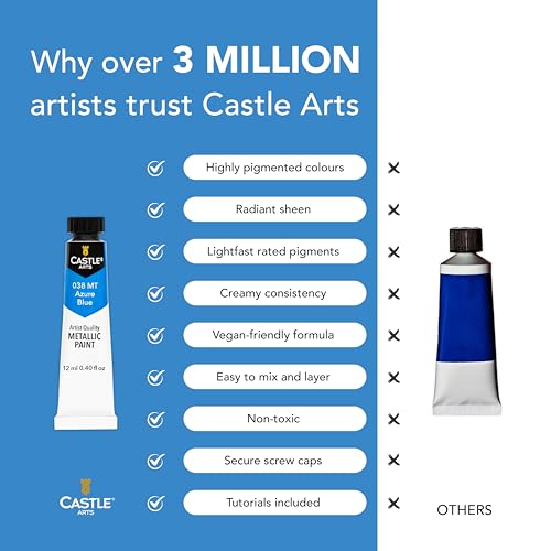 Castle Art Supplies 24 Piece Metallic Acrylic Set for Adults - New Formula | Richer shimmering finish in 24 X 12ml tubes - for adult artists, beginners, and crafters, presentation box included