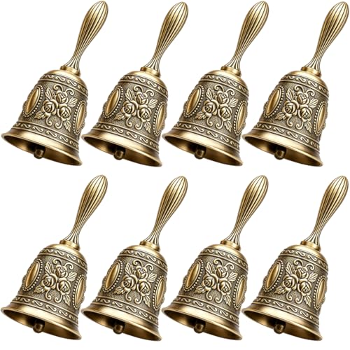 Vintage Brass Hand Bell,Dinner Bell,Embossed Metal Call Bell,8 Pack Small Retro Decorative Bells for Meditation, Home Kitchen Table Service Bell - color: Vintage Brass, size: 8-PACK