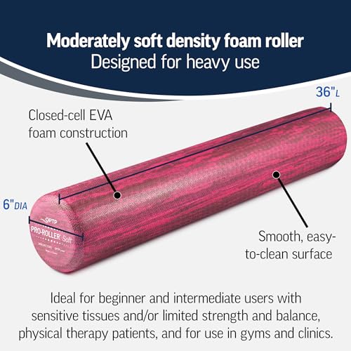 OPTP PRO-Roller Soft Density Foam Roller – Round, Pink, 36" x 6" | Low density soft foam roller for physical therapy, Pilates, yoga foam roll exercises & muscle recovery, pink 36" x 6" - color: Pink 36" X 6"