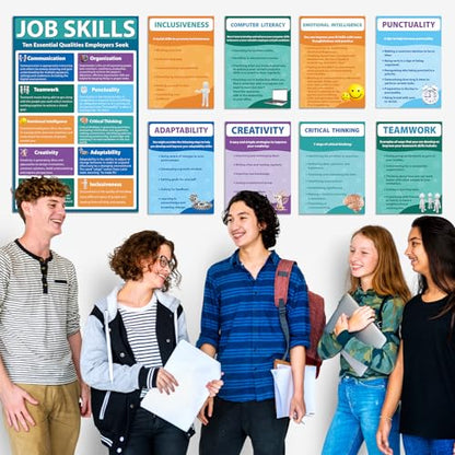 11Pcs Job Skills Posters Educational Bulletin Board Set for Classroom Decorations Essential Qualities Employers Seek Posters for College High school Library Home Reading Corner Wall Decors Supplies