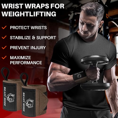 TECEUM Elastic Cotton Weightlifting Wrist Wraps with Thumb Loops, 1 Pair - color: Brown, style: 18" – Beast Mode
