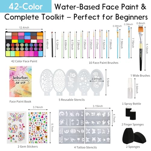 Pintada 42 Color Face Painting Kit for Kids - Non Toxic Water Activated Face Paint Palette With Stencils, Brush, Sponges, Book. For Carnival, Halloween, Costume Makeup and Festivals & Events - color: 42 Colors