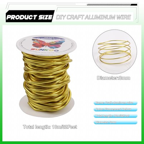 Aluminum Craft Wire,8 Gauge (3mm) Fluorescent Yellow Bendable Wire,32 Feet Continuous Roll for Jewelry Making,Sculpting,Floral & Armature Projects - size: 8 Gauge 32FT, style: Fluorescent Yellow