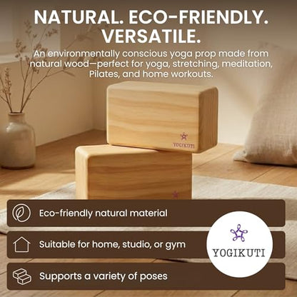 Yogikuti Solid Wooden Yoga Blocks | Premium Pine Wood Iyengar Yoga Blocks | Soild, Durable & Smooth Rounded Edges | Wooden Yoga Props for Stretching, Balance, Alignment & Home Studio Practice