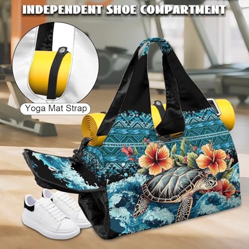 Gym Bag with Yoga Mat Holder Large Tote Bag With Multi Pockets for Women Men Dry Wet Separated Pocket Carryall Yoga Tote Bag for Pilates Travel Workout Office - color: Sea Turtle& flower