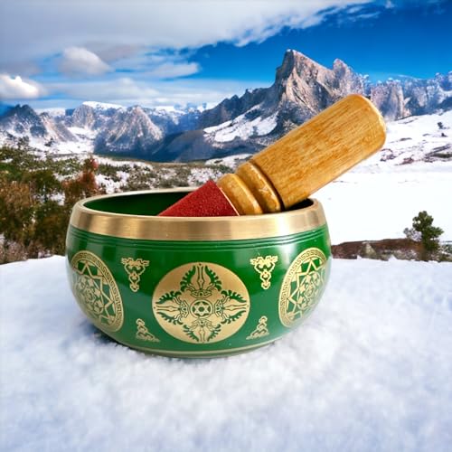 Nature's Own Tibetan Singing Bowl Set- Easy to Play- Meditation Sound Bowl Handcrafted in Nepal for Yoga, Mindfulness, Chakra Healing, Stress Relief - Spiritual Gifts (3.5 Inch, Green) - color: Geen