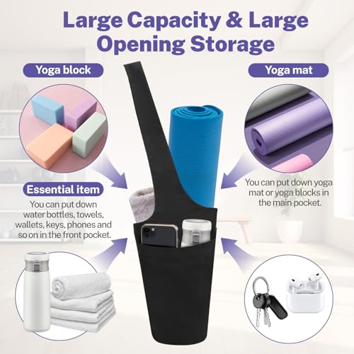 Yoga Mat Bag for Women, Long Tote Yoga Mat Carrier Holder Bag with Large Size Pocket & Zipper Pocket, Large Storage Pockets Fits Yoga & Most Size Pilates Mats for Workout Stuff, Black