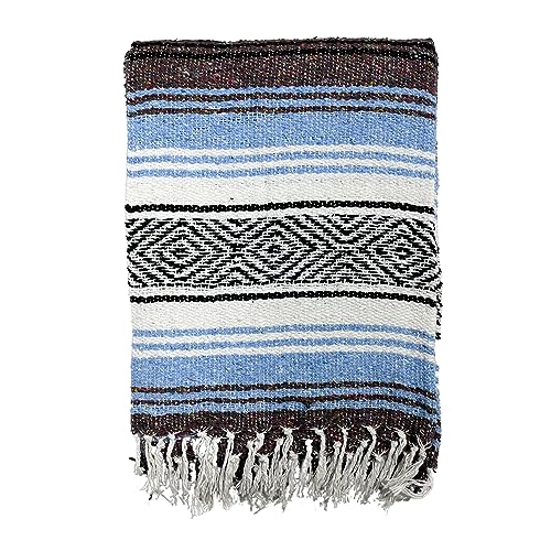 Genuine Oversized Artisan Mexican Falsa blanket (72inx48in) -Authentic Handcrafted Yoga Blanket, Beach Throw, Camping Essential, Picnic Mat, or Outdoor Wrap - color: Baby Blue