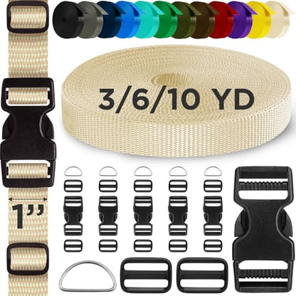 TECEUM 1" Nylon Strap Kit with Buckles, Cream 6 yards Repair Set | Heavy duty hardware kit: 6yd webbing, 6 quick release buckles, 12 tri-glide slide clips, 6 metal D-rings for crafting. - color: Cream, size: 1" - 6 yards, style: 6 Buckle - 12 Slides - 6 D